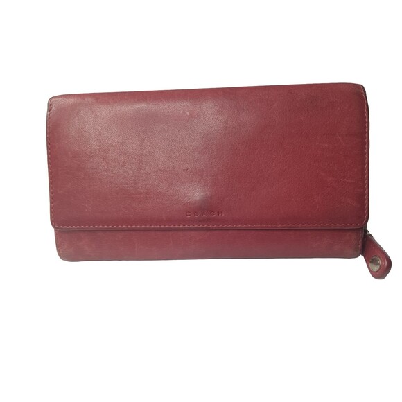 Vintage Coach Distressed Leather Wallet Maroon Red Boho Clutch Purse - Picture 1 of 9